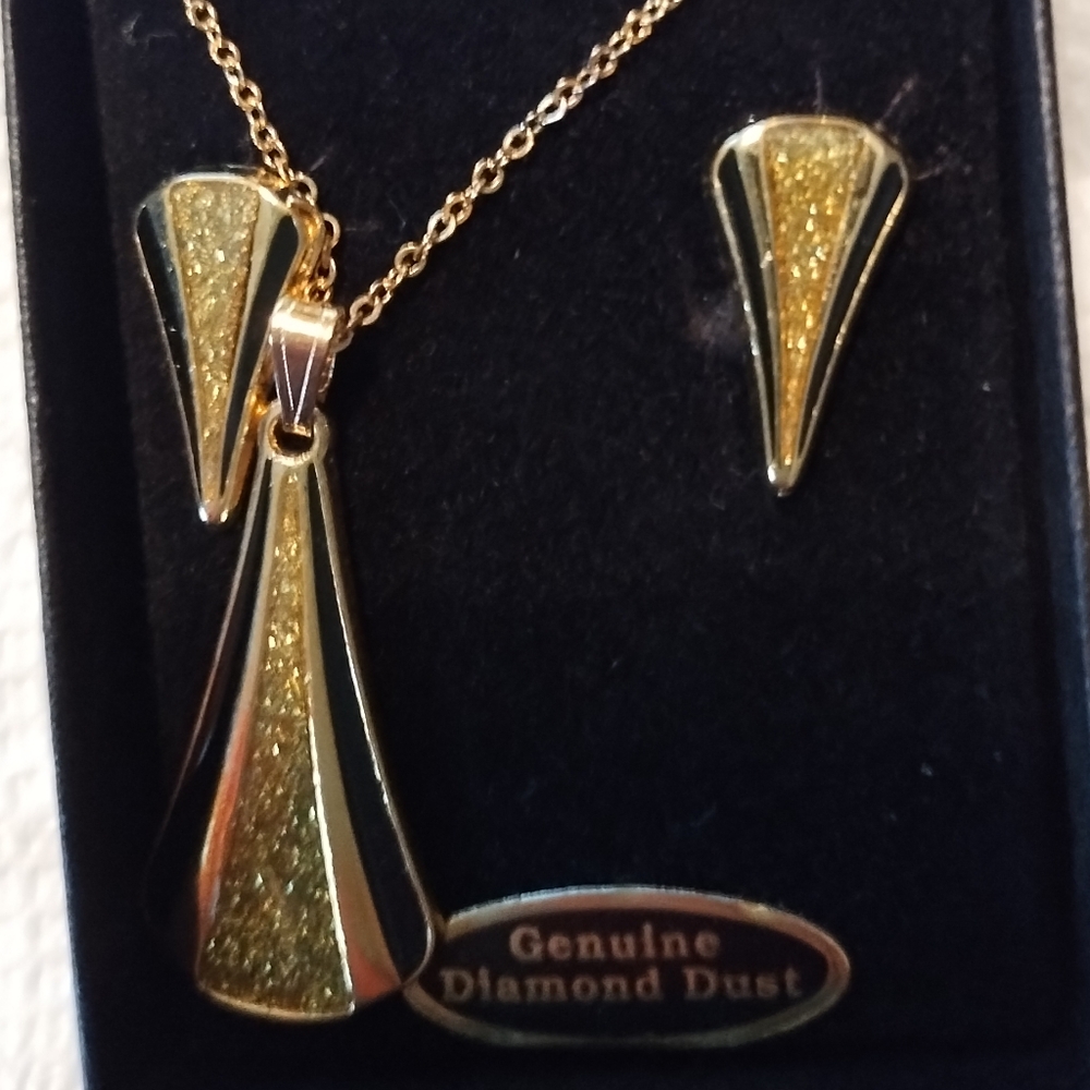 Vintage Genuine Diamond Dust Necklace and Clip Earrings Gold Tone
